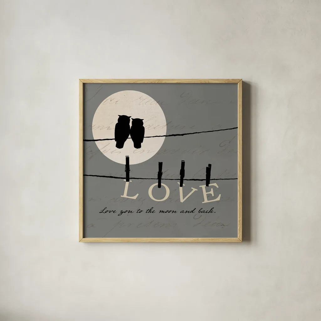 Moon Lovers I by Pela. Shown in a natural wood glass frame for a timeless modern aesthetic. Available as an archival giclee rolled canvas, fine art paper, or poster print. SKU 12117a.