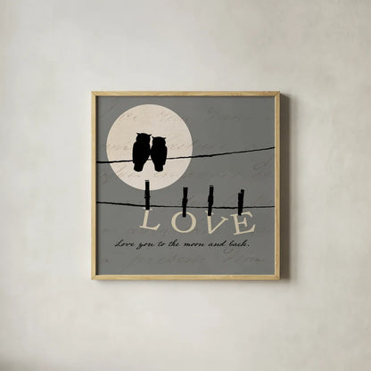 Moon Lovers I by Pela. Shown in a natural wood glass frame for a timeless modern aesthetic. Available as an archival giclee rolled canvas, fine art paper, or poster print. SKU 12117a.