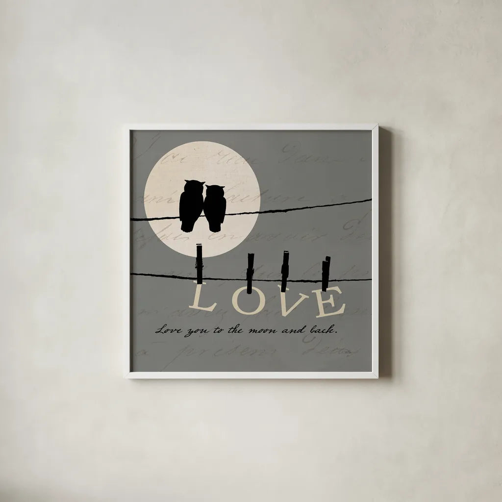 Moon Lovers I by Pela. Shown in a crisp white glass frame for a clean and minimalist style. Available as an archival giclee rolled canvas, fine art paper, or poster print. SKU 12117a.