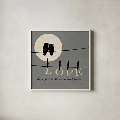 Moon Lovers I by Pela. Shown in a crisp white glass frame for a clean and minimalist style. Available as an archival giclee rolled canvas, fine art paper, or poster print. SKU 12117a.
