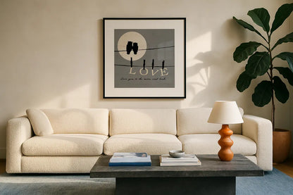 Moon Lovers I by Pela. Displayed in a glass frame with matte in a clean modern living room. Available as an archival giclee rolled canvas, fine art paper, or poster print. SKU 12117a.