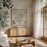 Ocean Life IV no Border by Pela. Shown in a natural wood frame in a cozy modern living room. Available as an archival giclee rolled canvas, fine art paper, or poster print. SKU 14883a.