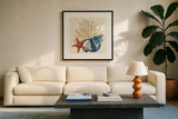 Ocean Life IX by Pela. Displayed in a glass frame with matte in a clean modern living room. Available as an archival giclee rolled canvas, fine art paper, or poster print. SKU 104775a.
