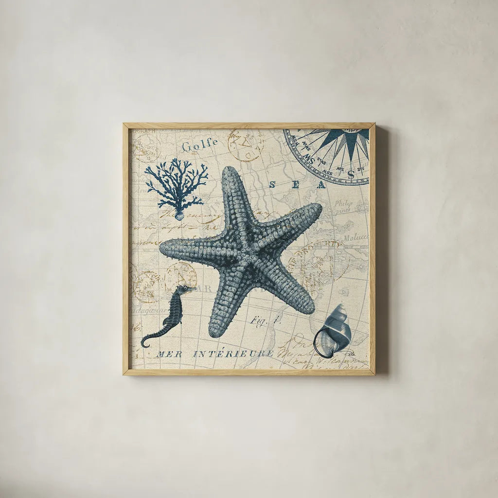 Ocean Life V no Border by Pela. Shown in a natural wood glass frame for a timeless modern aesthetic. Available as an archival giclee rolled canvas, fine art paper, or poster print. SKU 14884a.