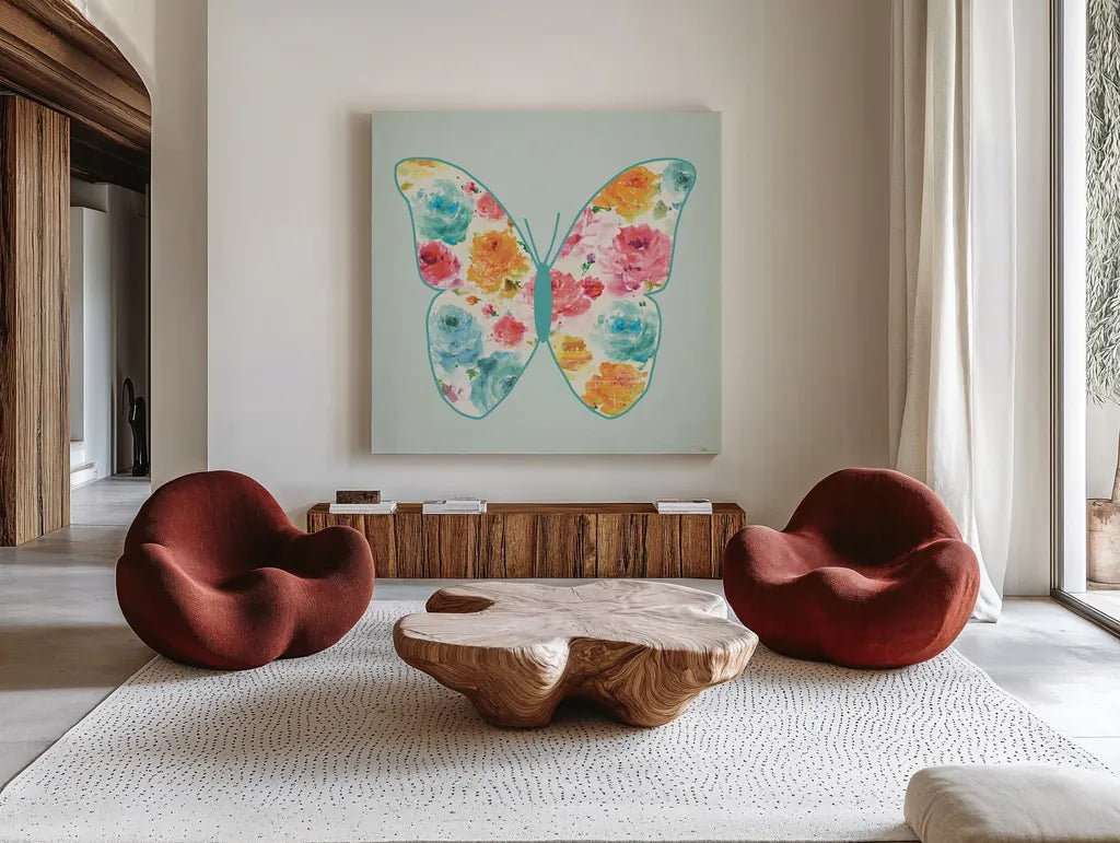 Rose Sorbet VI by Pela. Shown as extra-large giant wall art in a modern living room. Available as an archival giclee rolled canvas, fine art paper, or poster print. SKU 71486a.