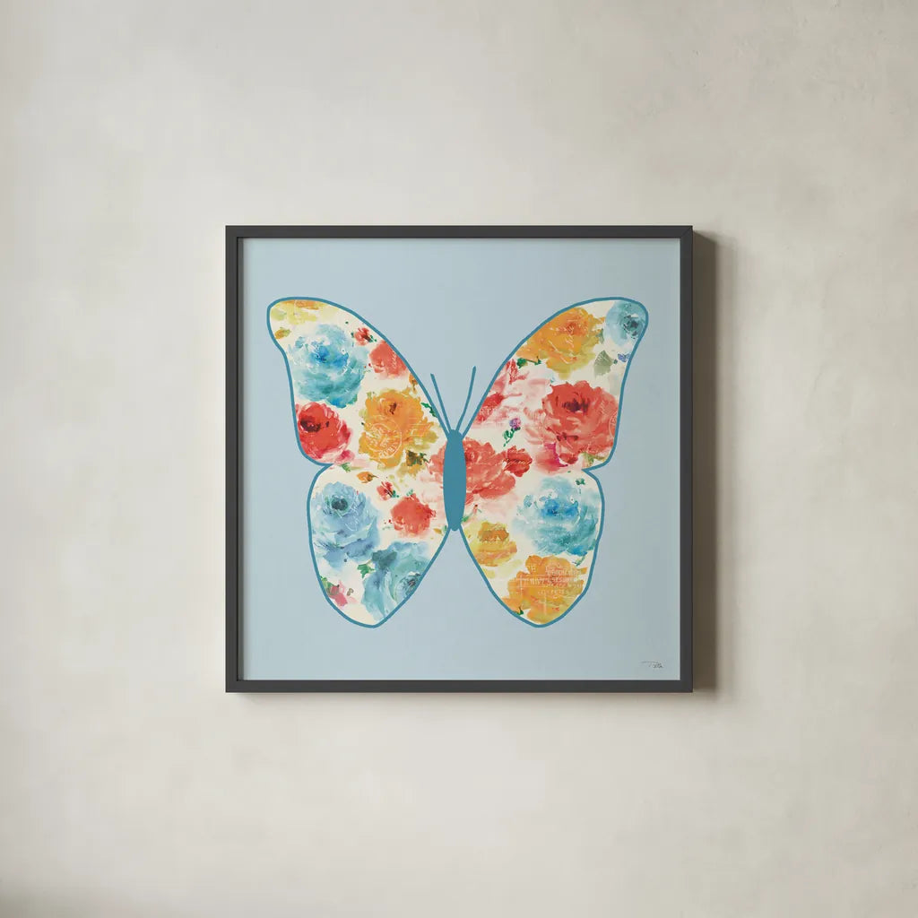 Rose Sorbet VI Blue by Pela. Shown in a sleek black glass frame for a contemporary gallery look. Available as an archival giclee rolled canvas, fine art paper, or poster print. SKU 71524a.