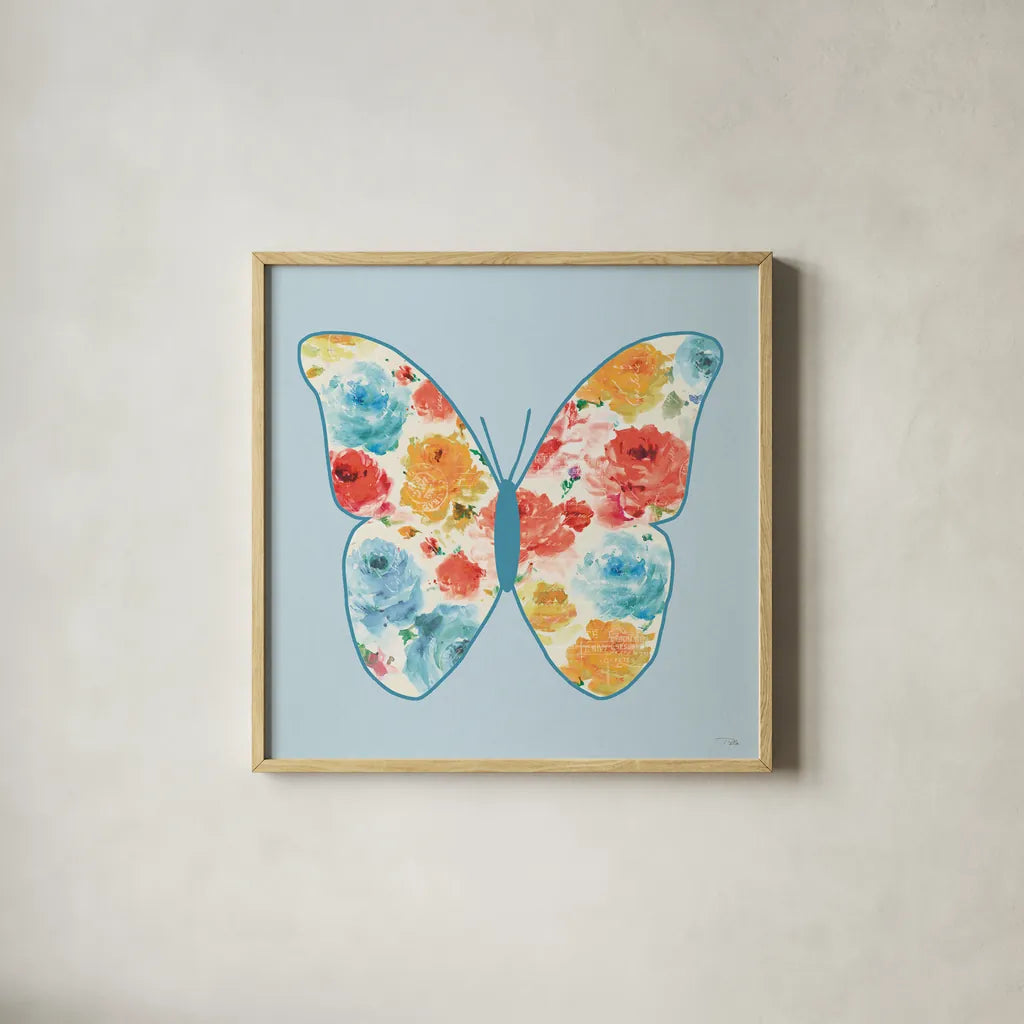 Rose Sorbet VI Blue by Pela. Shown in a natural wood glass frame for a timeless modern aesthetic. Available as an archival giclee rolled canvas, fine art paper, or poster print. SKU 71524a.