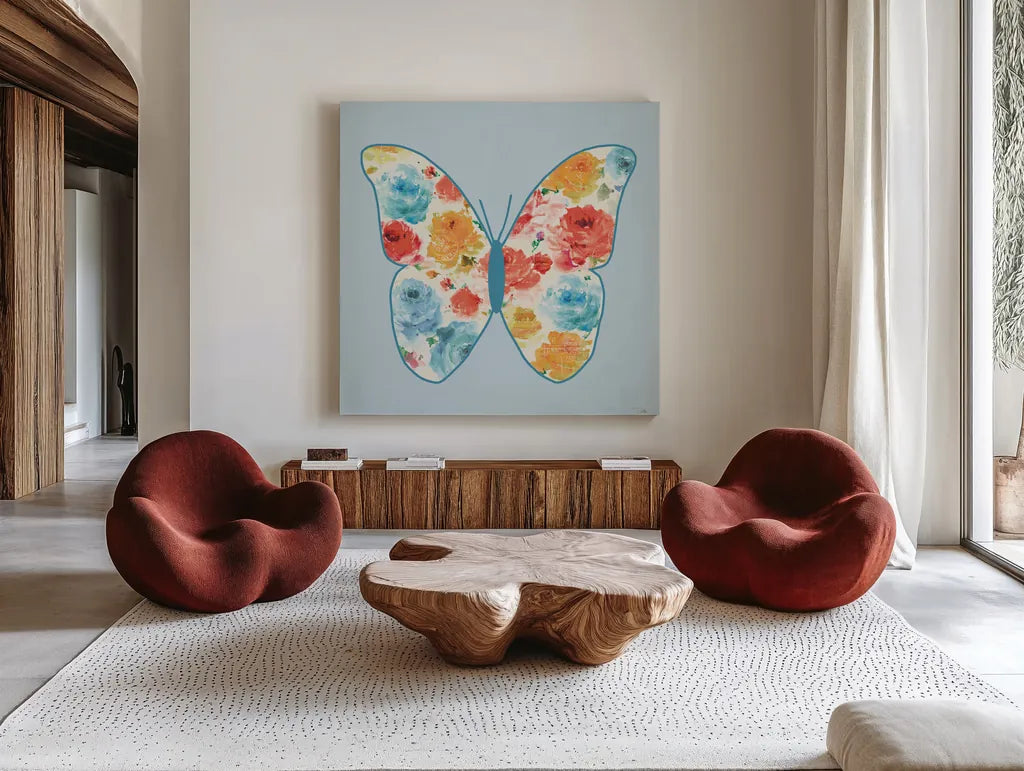 Rose Sorbet VI Blue by Pela. Shown as extra-large giant wall art in a modern living room. Available as an archival giclee rolled canvas, fine art paper, or poster print. SKU 71524a.