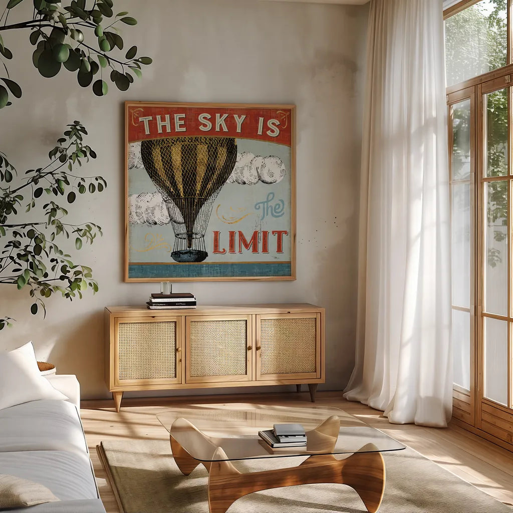 A Great Journey I by Pela Studio. Shown in a natural wood frame in a cozy modern living room. Available as an archival giclee rolled canvas, fine art paper, or poster print. SKU 20640a.