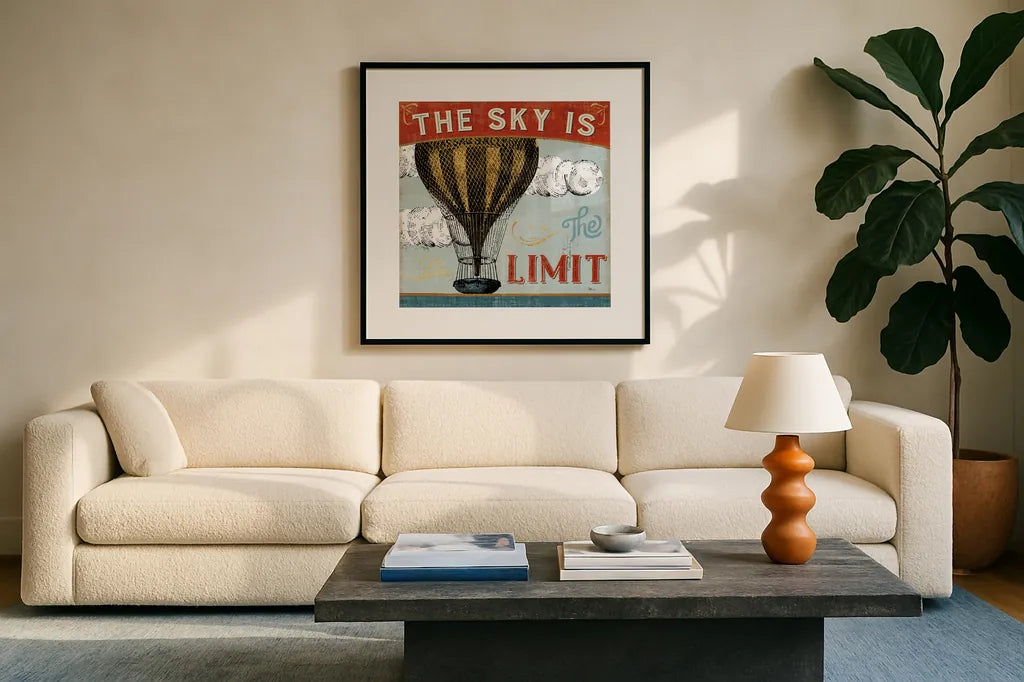 A Great Journey I by Pela Studio. Displayed in a glass frame with matte in a clean modern living room. Available as an archival giclee rolled canvas, fine art paper, or poster print. SKU 20640a.