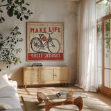A Great Journey IV by Pela Studio. Shown in a natural wood frame in a cozy modern living room. Available as an archival giclee rolled canvas, fine art paper, or poster print. SKU 20643a.