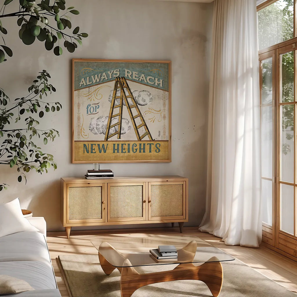 A Great Journey IX by Pela Studio. Shown in a natural wood frame in a cozy modern living room. Available as an archival giclee rolled canvas, fine art paper, or poster print. SKU 20648a.