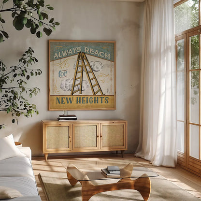 A Great Journey IX by Pela Studio. Shown in a natural wood frame in a cozy modern living room. Available as an archival giclee rolled canvas, fine art paper, or poster print. SKU 20648a.