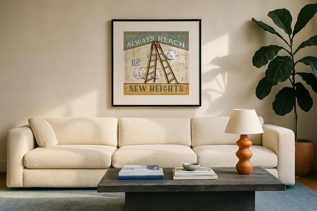 A Great Journey IX by Pela Studio. Displayed in a glass frame with matte in a clean modern living room. Available as an archival giclee rolled canvas, fine art paper, or poster print. SKU 20648a.