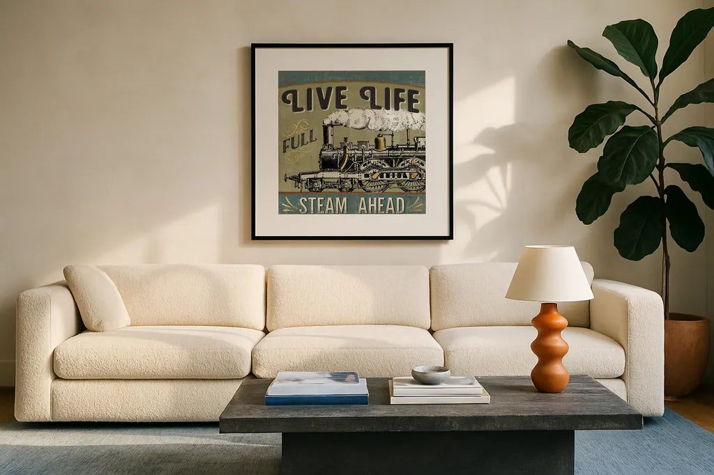 A Great Journey XII by Pela Studio. Displayed in a glass frame with matte in a clean modern living room. Available as an archival giclee rolled canvas, fine art paper, or poster print. SKU 20651a.