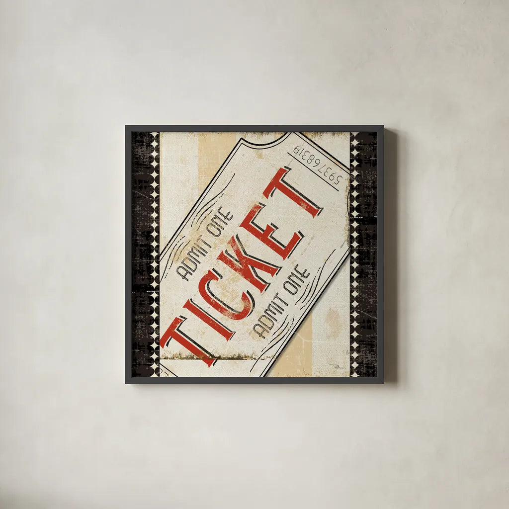 Admit One Border 8x8 by Pela Studio. Shown in a sleek black glass frame for a contemporary gallery look. Available as an archival giclee rolled canvas, fine art paper, or poster print. SKU 11216a.