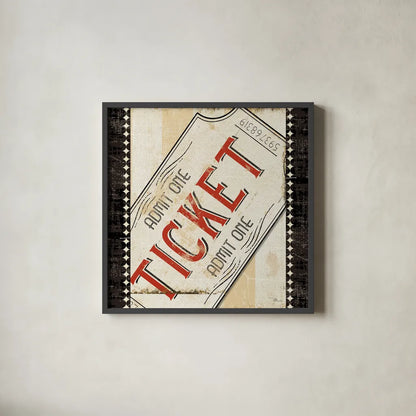 Admit One Border 8x8 by Pela Studio. Shown in a sleek black glass frame for a contemporary gallery look. Available as an archival giclee rolled canvas, fine art paper, or poster print. SKU 11216a.