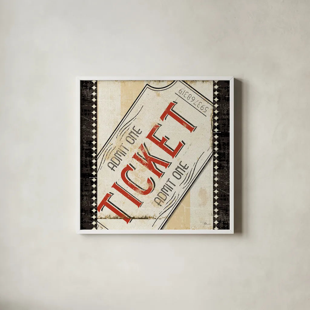 Admit One Border 8x8 by Pela Studio. Shown in a crisp white glass frame for a clean and minimalist style. Available as an archival giclee rolled canvas, fine art paper, or poster print. SKU 11216a.