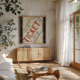 Admit One Border 8x8 by Pela Studio. Shown in a natural wood frame in a cozy modern living room. Available as an archival giclee rolled canvas, fine art paper, or poster print. SKU 11216a.