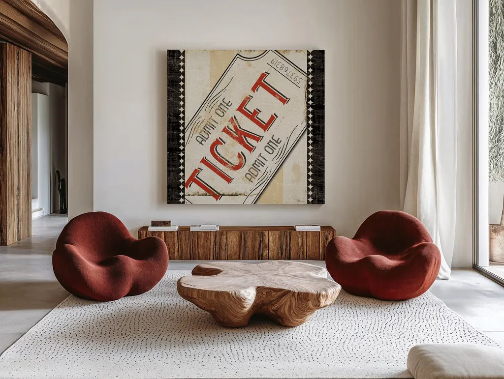 Admit One Border 8x8 by Pela Studio. Shown as extra-large giant wall art in a modern living room. Available as an archival giclee rolled canvas, fine art paper, or poster print. SKU 11216a.