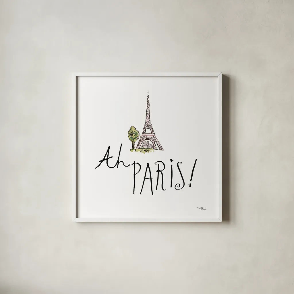 Ah Paris I on White by Pela Studio. Shown in a crisp white glass frame for a clean and minimalist style. Available as an archival giclee rolled canvas, fine art paper, or poster print. SKU 26192a.