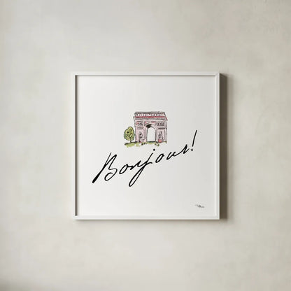 Ah Paris II on White by Pela Studio. Shown in a crisp white glass frame for a clean and minimalist style. Available as an archival giclee rolled canvas, fine art paper, or poster print. SKU 26193a.