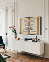 Autumn Farmhouse I by Pela Studio. shown as a framed stretched canvas in a living room above a console. Available as a archival giclee rolled canvas, fine art paper, or poster print. SKU 47203i.