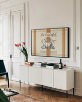 Autumn Farmhouse I v2 by Pela Studio. shown as a framed stretched canvas in a living room above a console. Available as a archival giclee rolled canvas, fine art paper, or poster print. SKU 49243i.