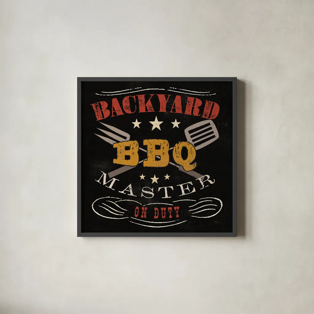 Backyard BBQ by Pela Studio. Shown in a sleek black glass frame for a contemporary gallery look. Available as an archival giclee rolled canvas, fine art paper, or poster print. SKU 92146a.