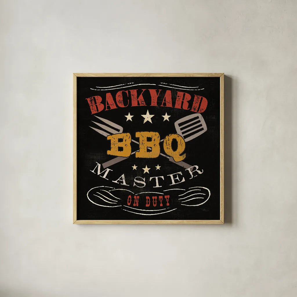 Backyard BBQ by Pela Studio. Shown in a natural wood glass frame for a timeless modern aesthetic. Available as an archival giclee rolled canvas, fine art paper, or poster print. SKU 92146a.