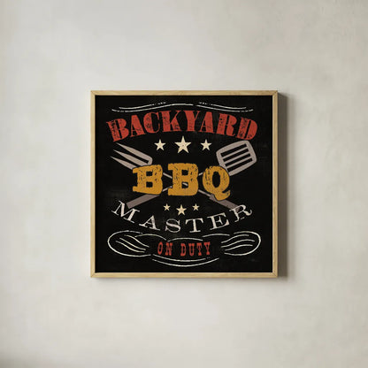 Backyard BBQ by Pela Studio. Shown in a natural wood glass frame for a timeless modern aesthetic. Available as an archival giclee rolled canvas, fine art paper, or poster print. SKU 92146a.