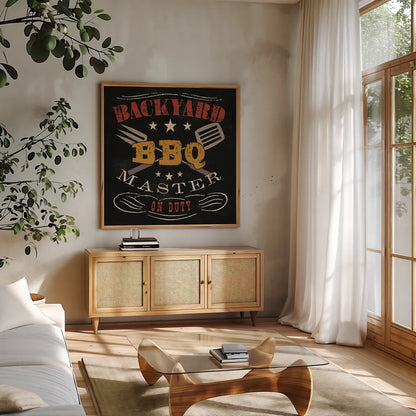 Backyard BBQ by Pela Studio. Shown in a natural wood frame in a cozy modern living room. Available as an archival giclee rolled canvas, fine art paper, or poster print. SKU 92146a.