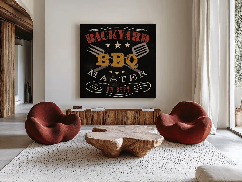 Backyard BBQ by Pela Studio. Shown as extra-large giant wall art in a modern living room. Available as an archival giclee rolled canvas, fine art paper, or poster print. SKU 92146a.