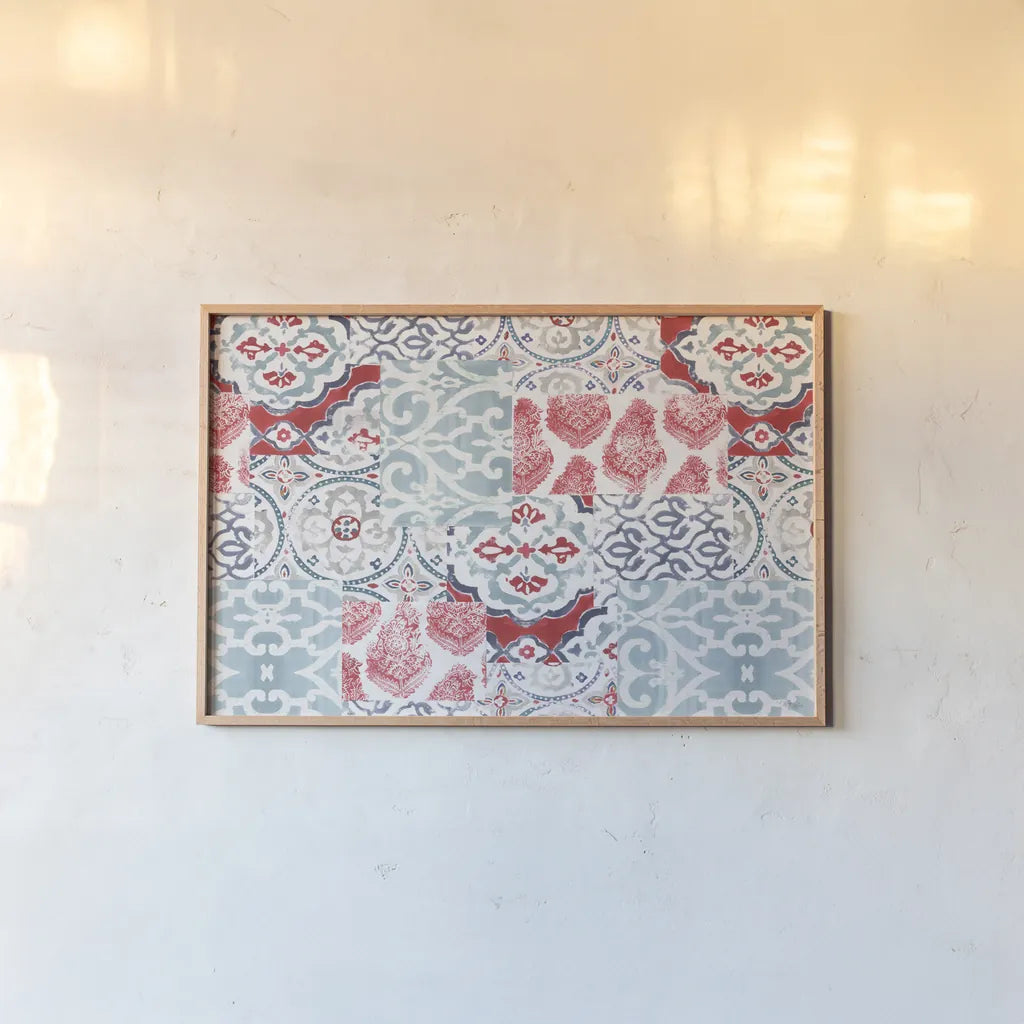 Bazaar Patchwork I by Pela Studio. shown as a paper print in a natural frame. Available as a archival giclee rolled canvas, fine art paper, or poster print. SKU 48748i.
