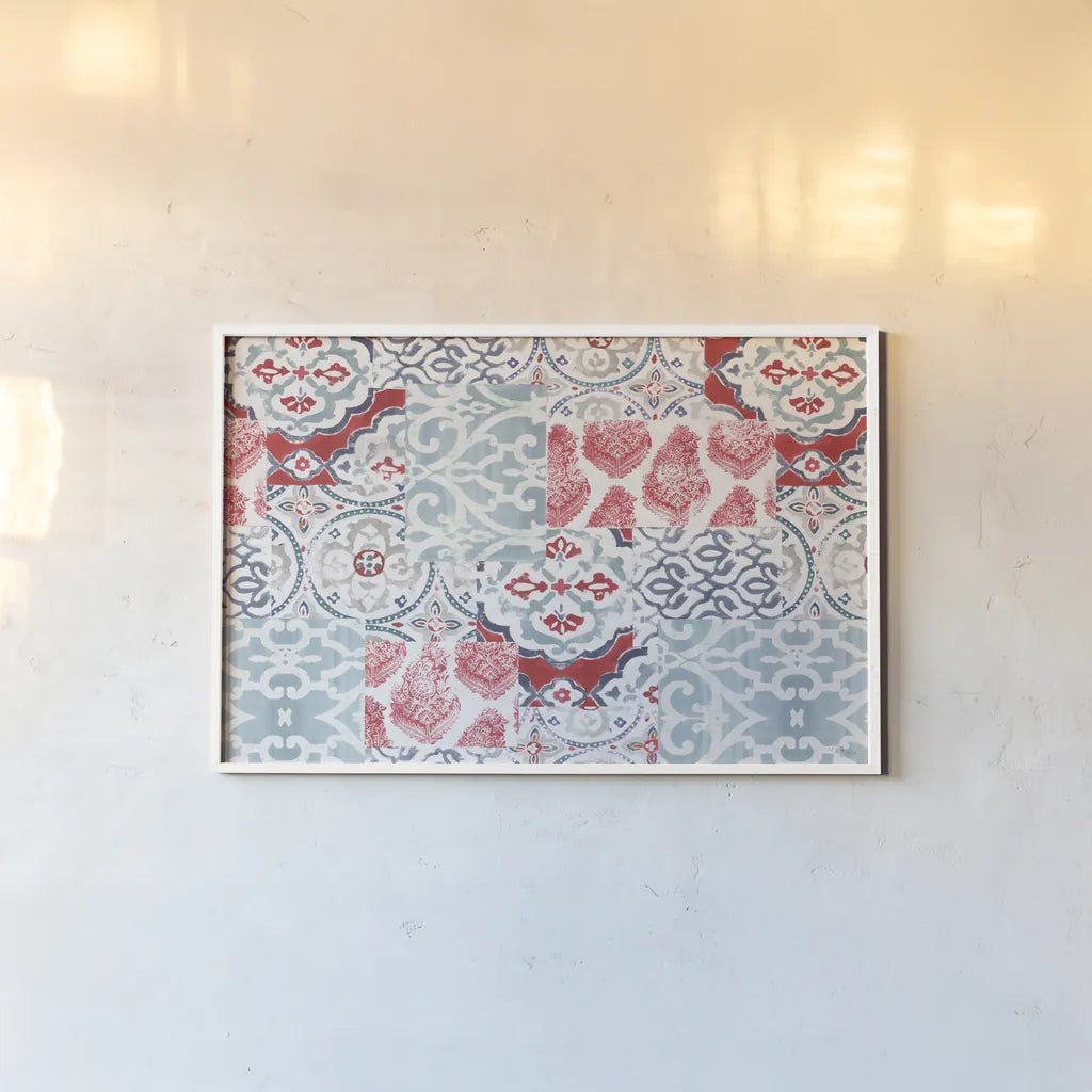 Bazaar Patchwork I by Pela Studio. shown as a paper print in a white frame. Available as a archival giclee rolled canvas, fine art paper, or poster print. SKU 48748i.