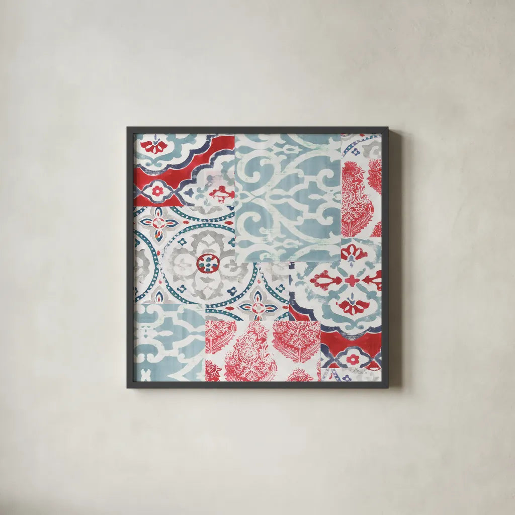 Bazaar Patchwork II by Pela Studio. Shown in a sleek black glass frame for a contemporary gallery look. Available as an archival giclee rolled canvas, fine art paper, or poster print. SKU 48749a.