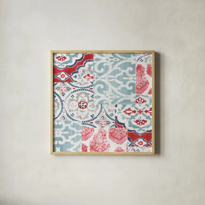 Bazaar Patchwork II by Pela Studio. Shown in a natural wood glass frame for a timeless modern aesthetic. Available as an archival giclee rolled canvas, fine art paper, or poster print. SKU 48749a.