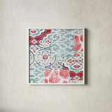 Bazaar Patchwork II by Pela Studio. Shown in a crisp white glass frame for a clean and minimalist style. Available as an archival giclee rolled canvas, fine art paper, or poster print. SKU 48749a.