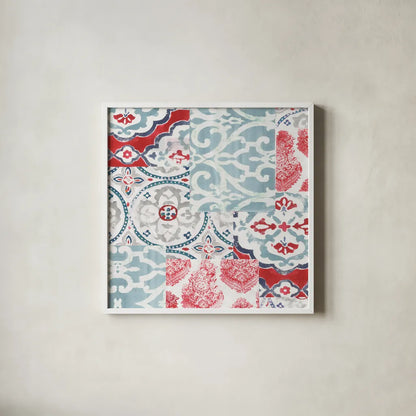 Bazaar Patchwork II by Pela Studio. Shown in a crisp white glass frame for a clean and minimalist style. Available as an archival giclee rolled canvas, fine art paper, or poster print. SKU 48749a.