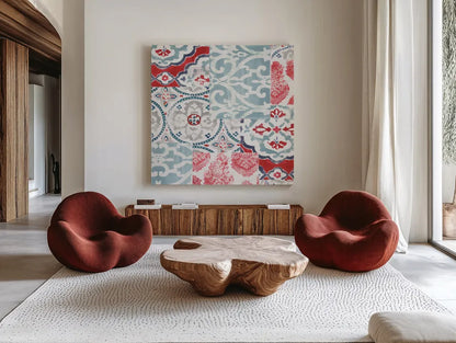 Bazaar Patchwork II by Pela Studio. Shown as extra-large giant wall art in a modern living room. Available as an archival giclee rolled canvas, fine art paper, or poster print. SKU 48749a.