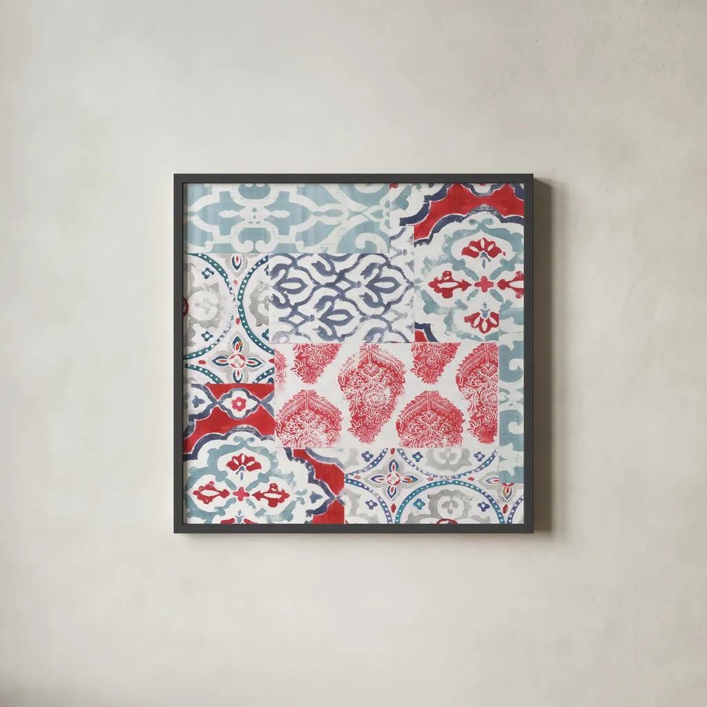 Bazaar Patchwork III by Pela Studio. Shown in a sleek black glass frame for a contemporary gallery look. Available as an archival giclee rolled canvas, fine art paper, or poster print. SKU 48750a.