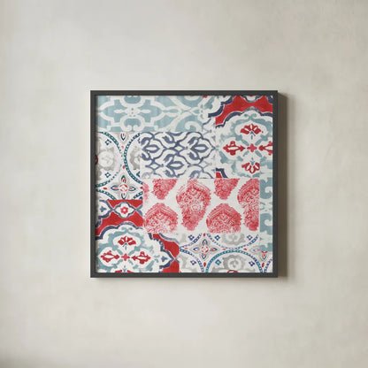 Bazaar Patchwork III by Pela Studio. Shown in a sleek black glass frame for a contemporary gallery look. Available as an archival giclee rolled canvas, fine art paper, or poster print. SKU 48750a.