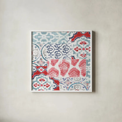 Bazaar Patchwork III by Pela Studio. Shown in a crisp white glass frame for a clean and minimalist style. Available as an archival giclee rolled canvas, fine art paper, or poster print. SKU 48750a.