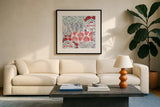 Bazaar Patchwork III by Pela Studio. Displayed in a glass frame with matte in a clean modern living room. Available as an archival giclee rolled canvas, fine art paper, or poster print. SKU 48750a.