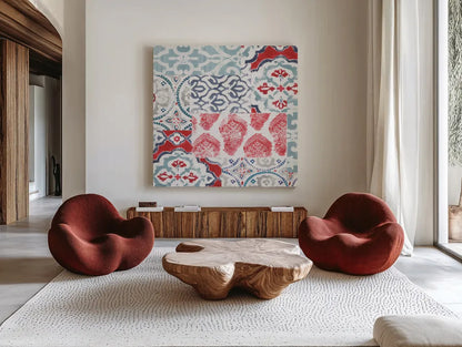 Bazaar Patchwork III by Pela Studio. Shown as extra-large giant wall art in a modern living room. Available as an archival giclee rolled canvas, fine art paper, or poster print. SKU 48750a.