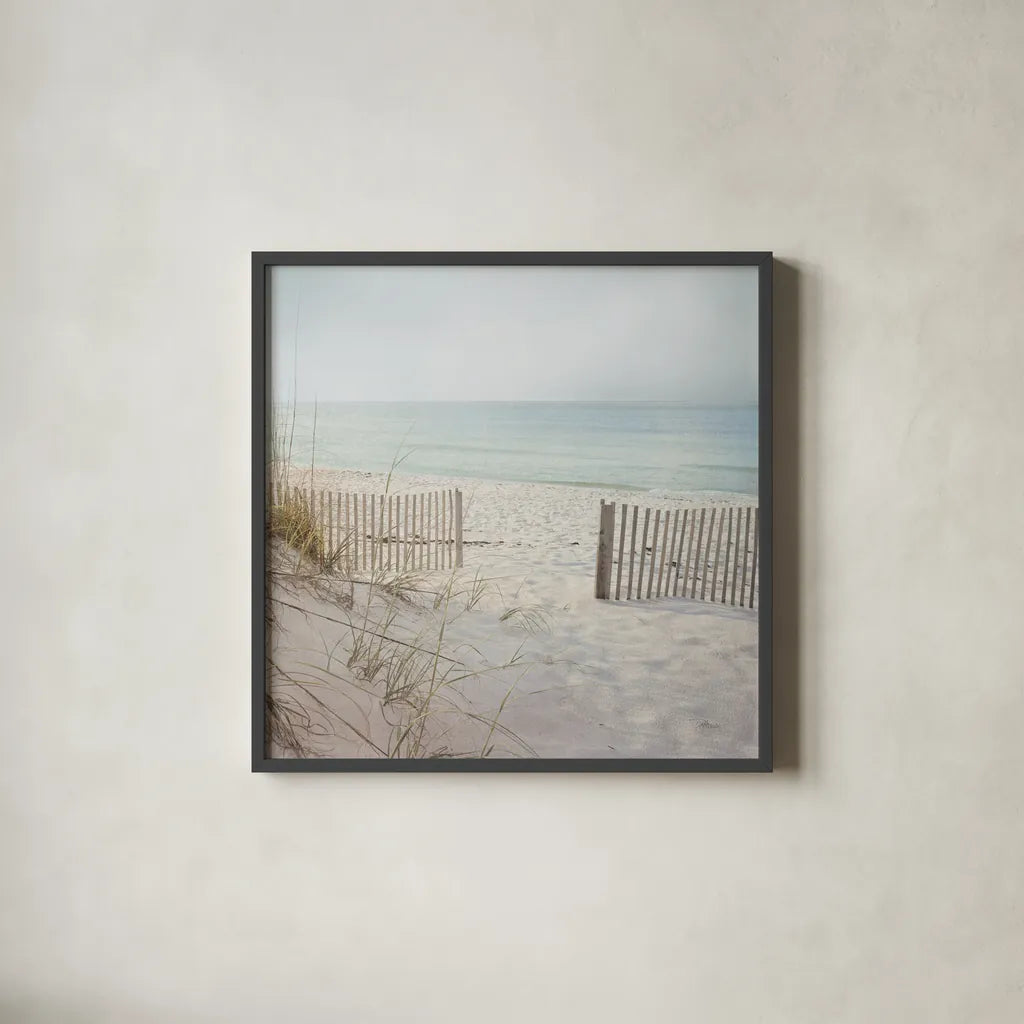Beach Fence by Pela Studio. Shown in a sleek black glass frame for a contemporary gallery look. Available as an archival giclee rolled canvas, fine art paper, or poster print. SKU 76252a.