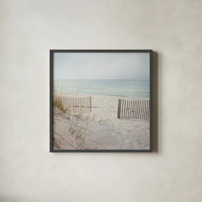 Beach Fence by Pela Studio. Shown in a sleek black glass frame for a contemporary gallery look. Available as an archival giclee rolled canvas, fine art paper, or poster print. SKU 76252a.