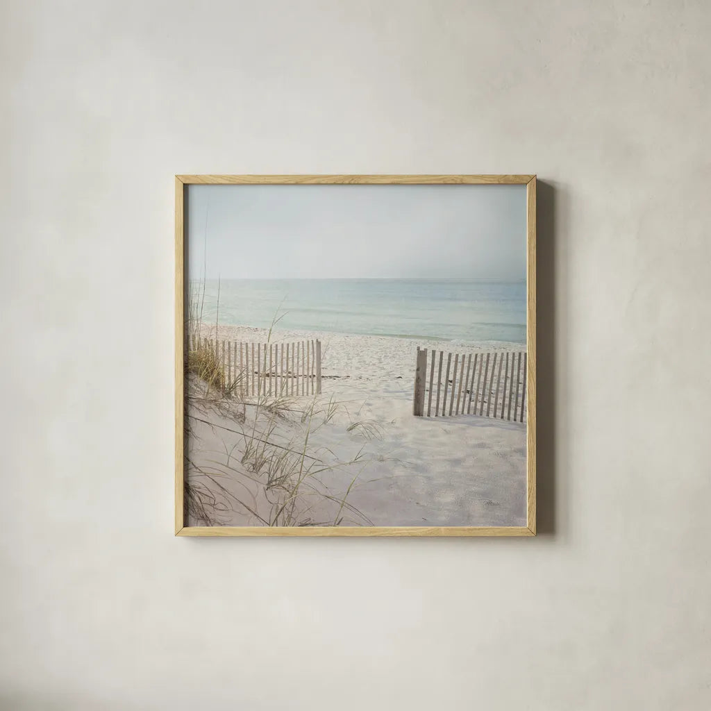 Beach Fence by Pela Studio. Shown in a natural wood glass frame for a timeless modern aesthetic. Available as an archival giclee rolled canvas, fine art paper, or poster print. SKU 76252a.