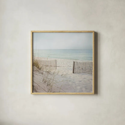 Beach Fence by Pela Studio. Shown in a natural wood glass frame for a timeless modern aesthetic. Available as an archival giclee rolled canvas, fine art paper, or poster print. SKU 76252a.