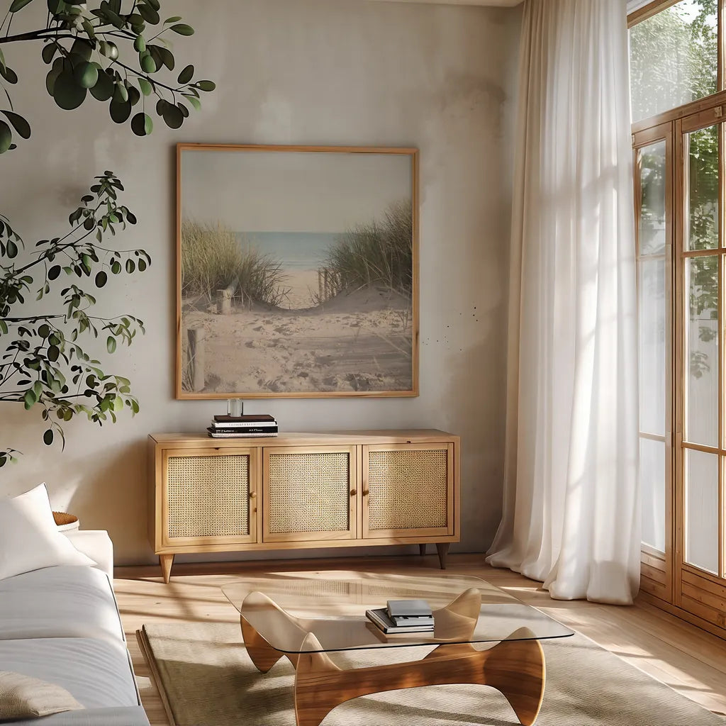 Beach Grasses by Pela Studio. Shown in a natural wood frame in a cozy modern living room. Available as an archival giclee rolled canvas, fine art paper, or poster print. SKU 76251a.